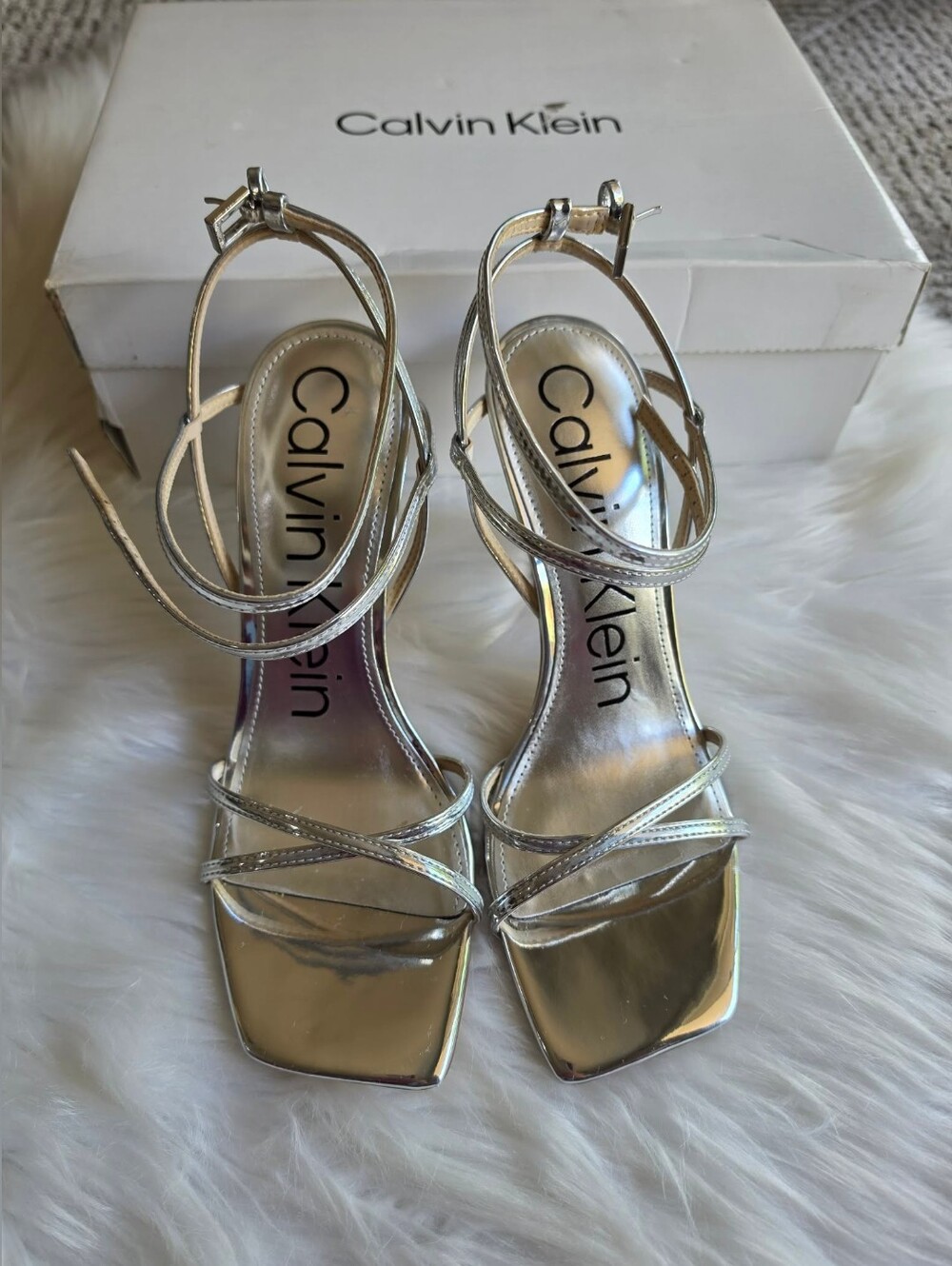 Calvin Klein Womens Tegin Faux Leather Ankle Strap Heels, Silver, 8.5M